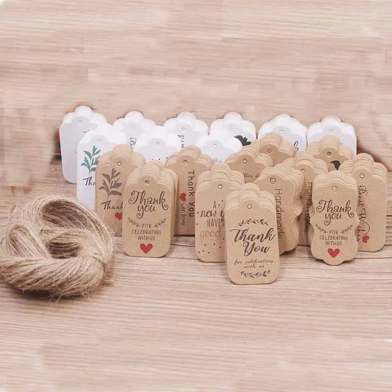 1.18x1.96"100pcs Kraft Gift Tags with 20m Rope Thank You Paper tags for Gift New Year Halloween Christmas Label Party Decoration