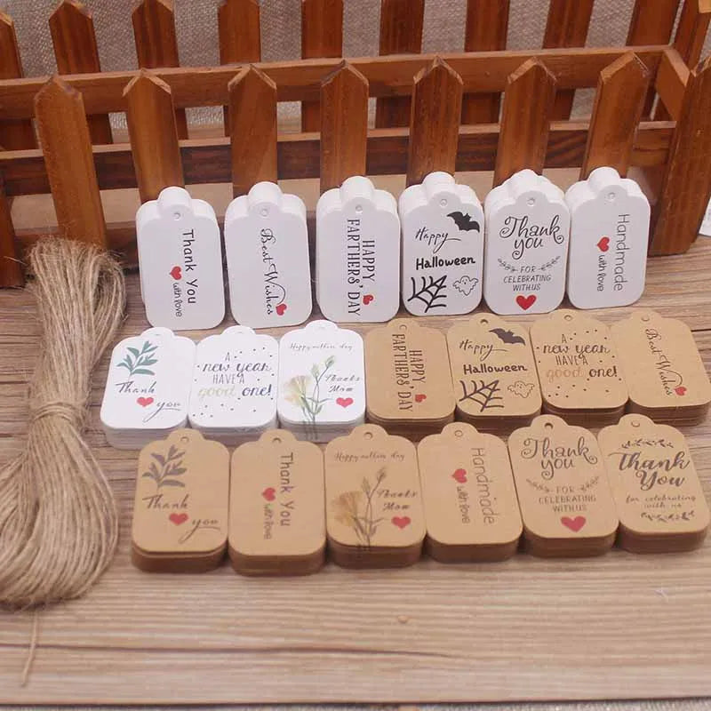 1.18x1.96"100pcs Kraft Gift Tags with 20m Rope Thank You Paper tags for Gift New Year Halloween Christmas Label Party Decoration