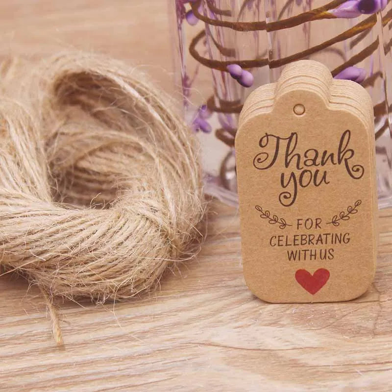1.18x1.96"100pcs Kraft Gift Tags with 20m Rope Thank You Paper tags for Gift New Year Halloween Christmas Label Party Decoration