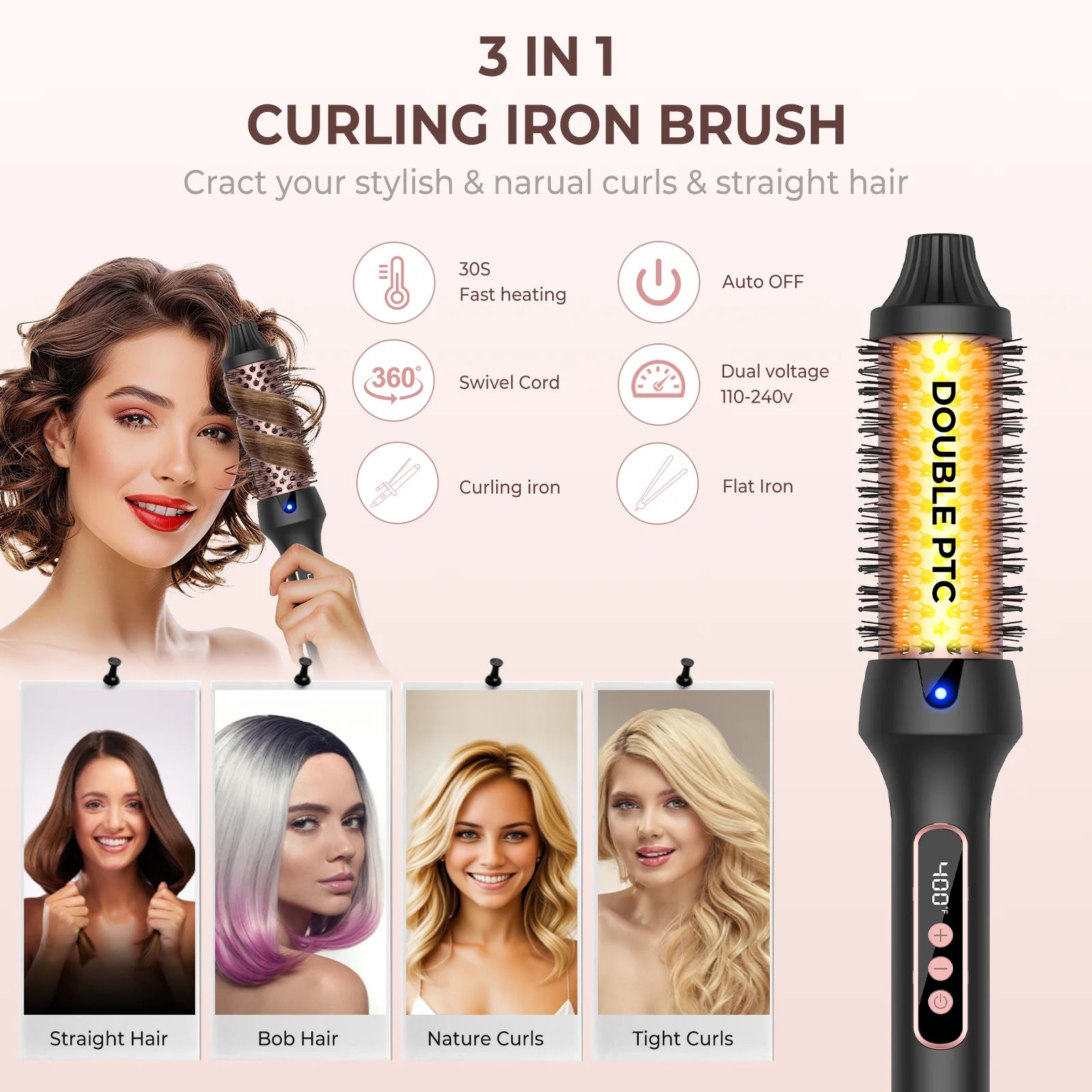 1.5 Inch Thermal Brush Create Loose & Volume Curls Heated Curling Iron Brush 9 Heat Settings Ionic Hair Curler Curling Comb